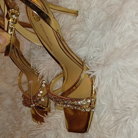 Antonio Melani Faithe Ankle Strap Rhinestone Jewel Detail Heeled Sandals Gold - Picture 7 of 16